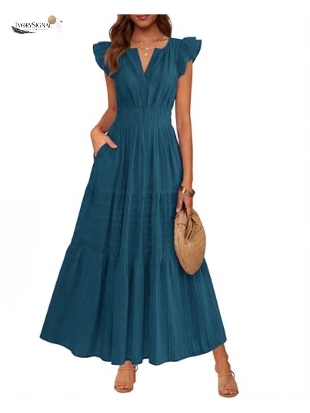 Women's Maxi Dress Ruffle Sleeve A-Line V-Neck Pull On with Pockets Casual